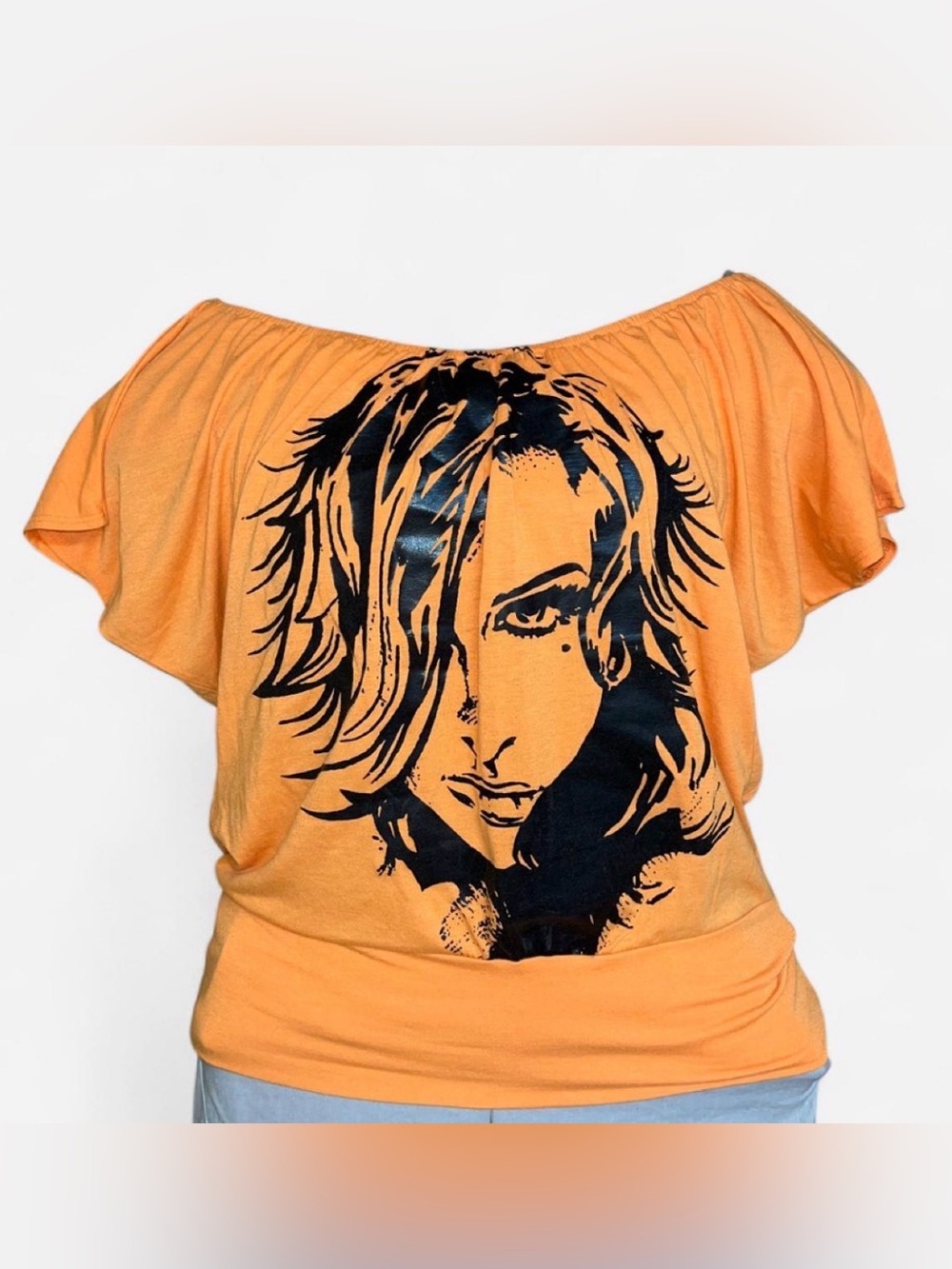 Vintage Voice orange off the shoulder pop art face graphic slouchy top